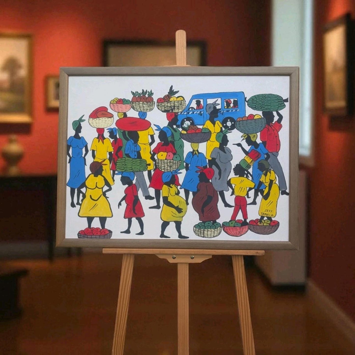 SUPERB COLOURFUL VINTAGE SIGNED OIL PAINTING ON CANVAS JEFF JAMAICA WEST INDIES