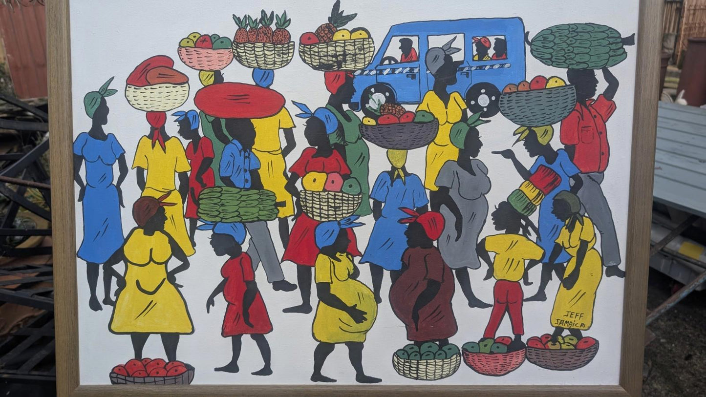 SUPERB COLOURFUL VINTAGE SIGNED OIL PAINTING ON CANVAS JEFF JAMAICA WEST INDIES