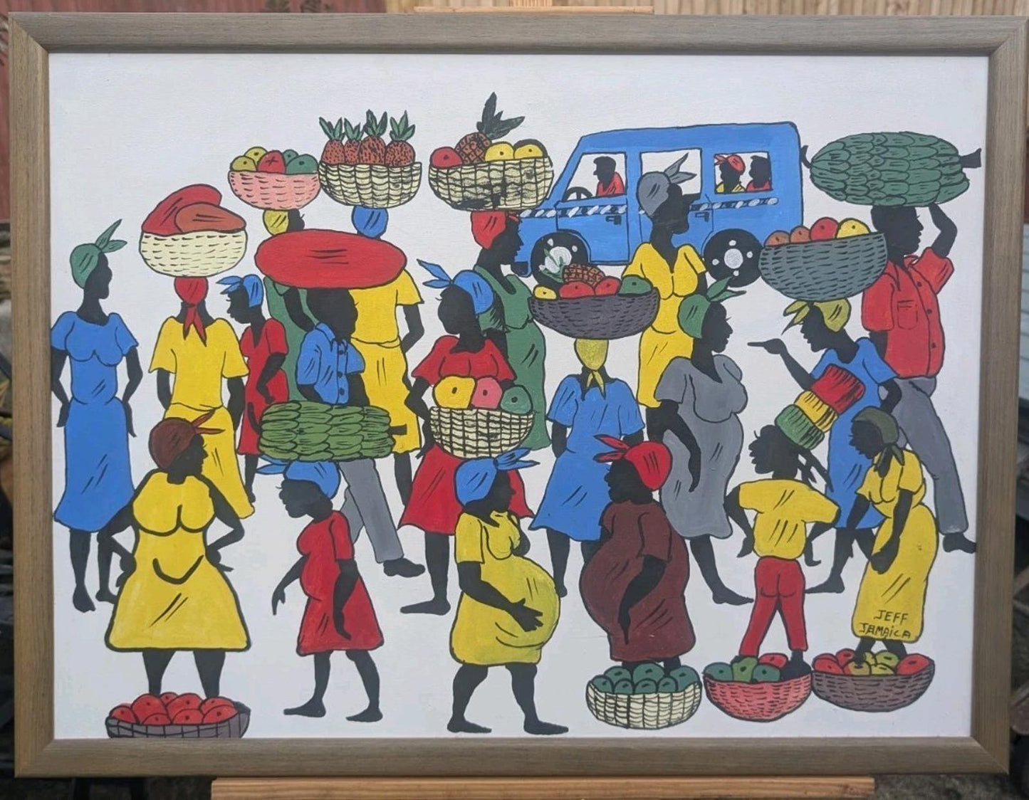 SUPERB COLOURFUL VINTAGE SIGNED OIL PAINTING ON CANVAS JEFF JAMAICA WEST INDIES