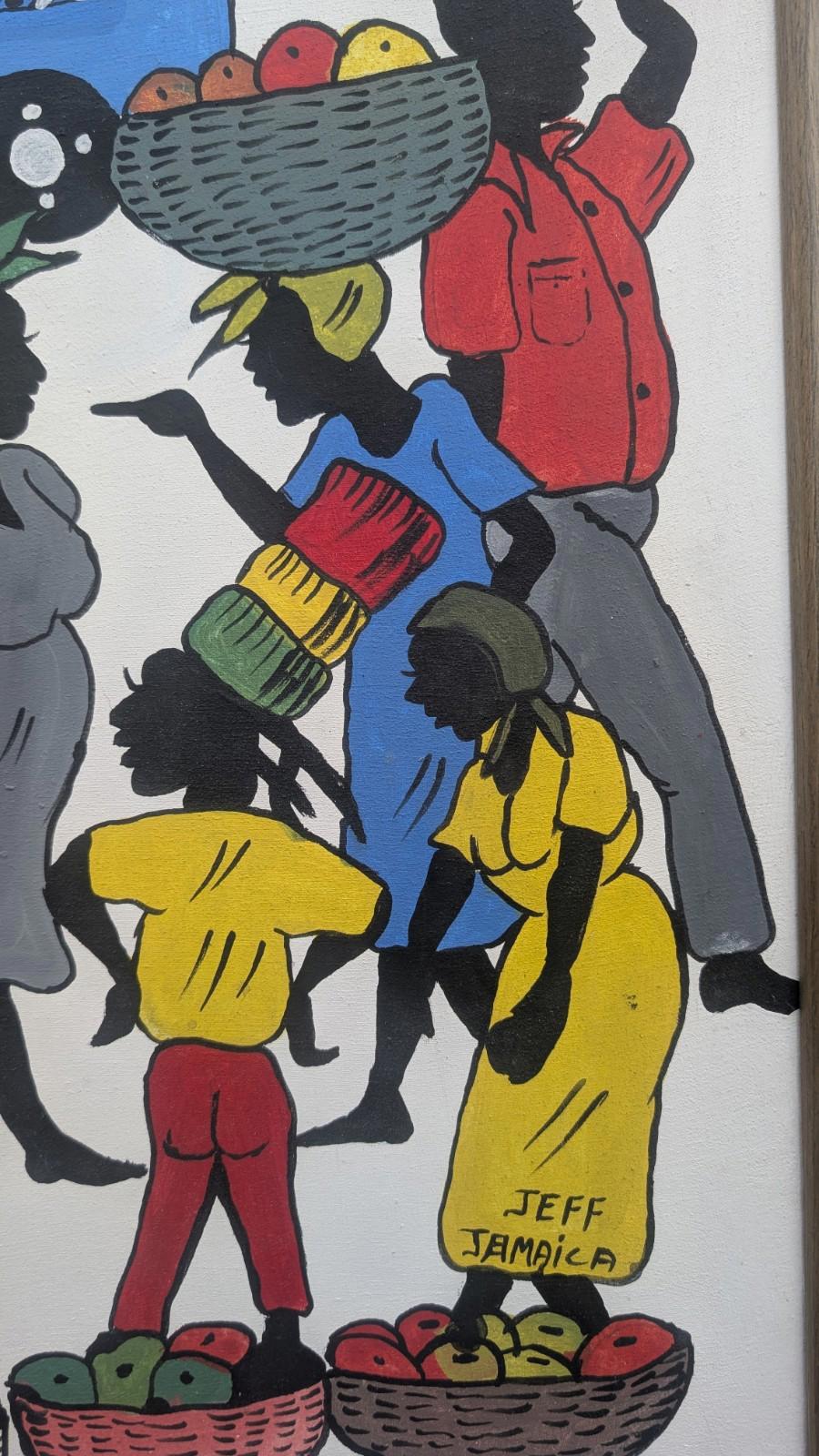 SUPERB COLOURFUL VINTAGE SIGNED OIL PAINTING ON CANVAS JEFF JAMAICA WEST INDIES