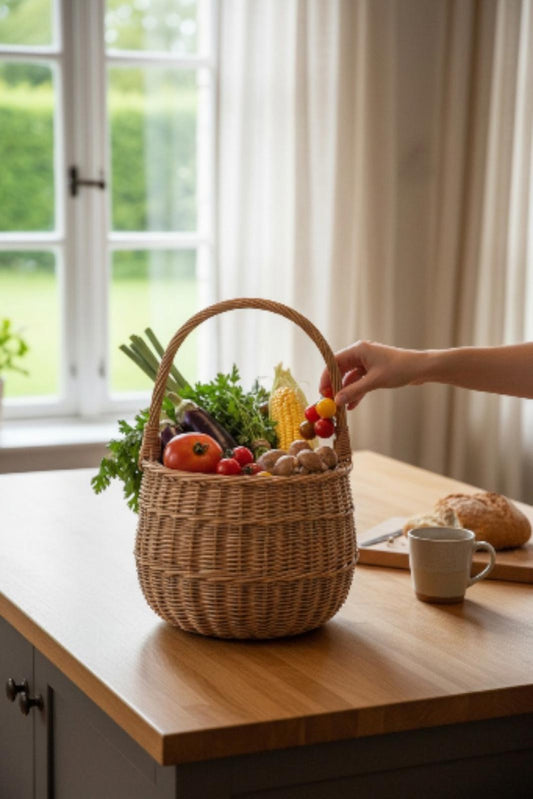 VTG Brown Wicker Hamper Basket Weave with Original Material 18" x 11"