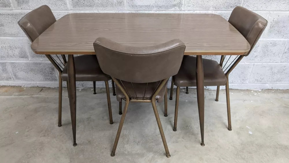 Rare Mid Century English Atomic 1960s Dining Table & 3 Chairs Vintage Stylish