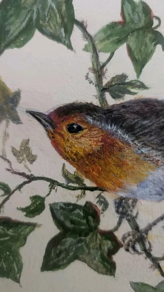 Delightful PAT CRAY Naive Oil Painting Robin On Ivy Gilt Frame Erithacus rubecus