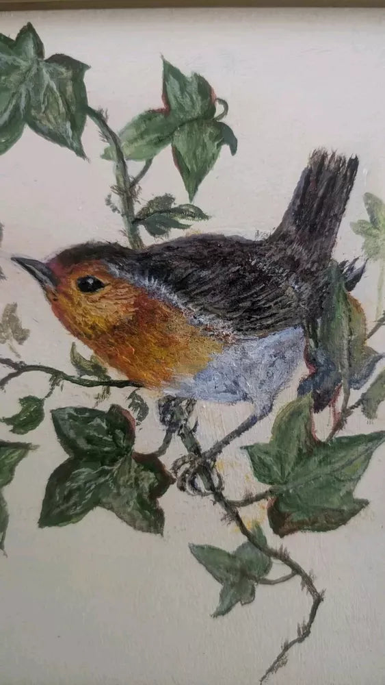 Delightful PAT CRAY Naive Oil Painting Robin On Ivy Gilt Frame Erithacus rubecus