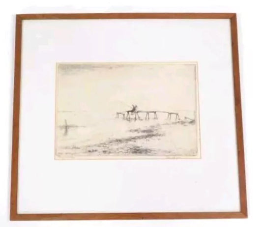 Superb Julius Komjati Signed Numbered Etching Fishing From Pier On Lake 1-12