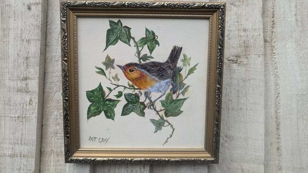 Delightful PAT CRAY Naive Oil Painting Robin On Ivy Gilt Frame Erithacus rubecus