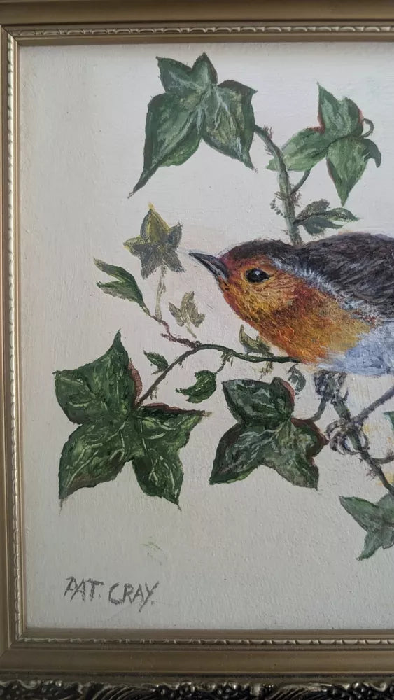 Delightful PAT CRAY Naive Oil Painting Robin On Ivy Gilt Frame Erithacus rubecus