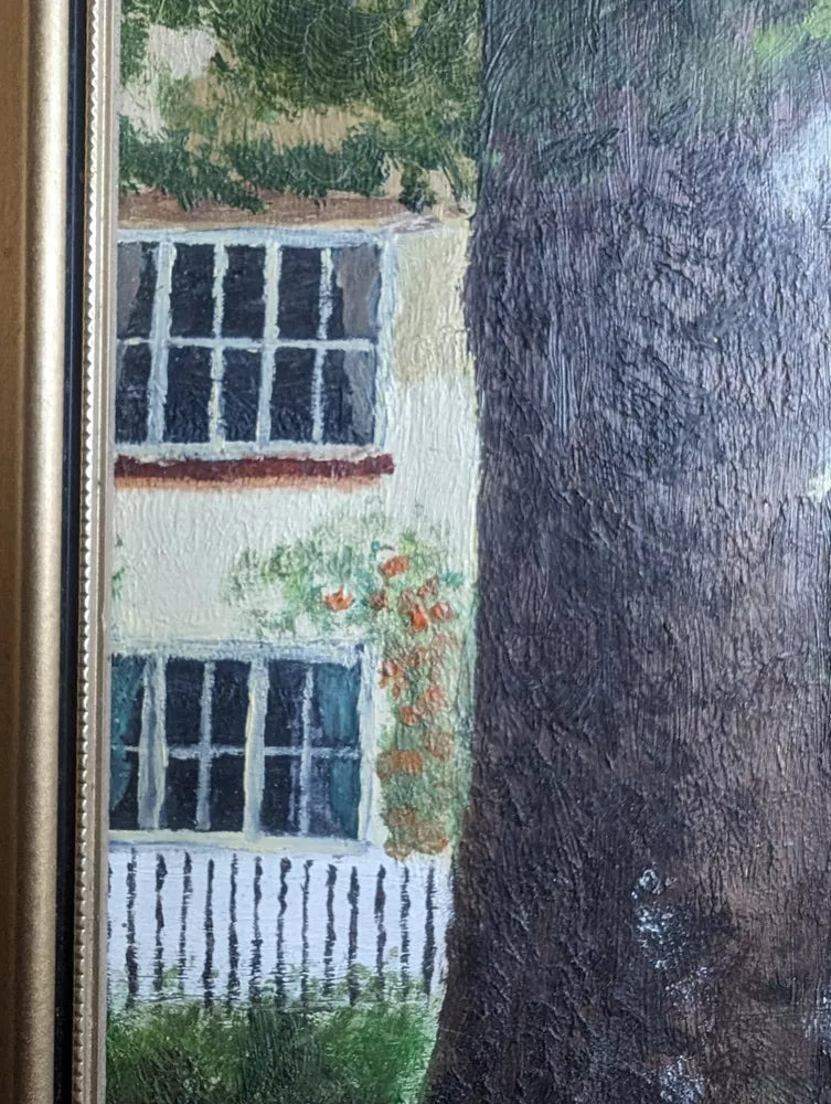 Naive Vintage English Thatched Cottage Village Scene Oil Painting Gilt Framed