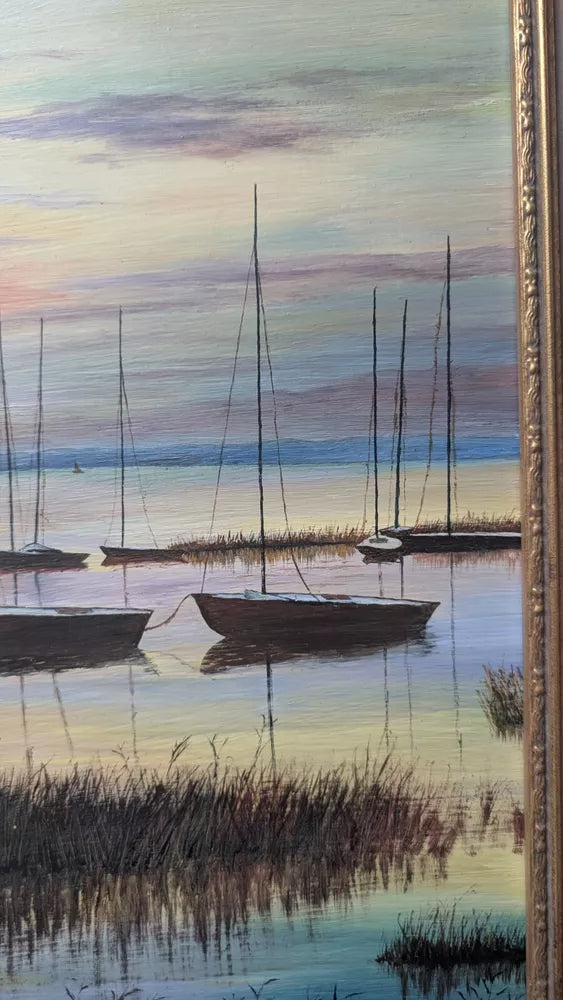 Boats At Sunset Wetlands Good Painting Oil On Board Framed Signed BL Clarke 1981