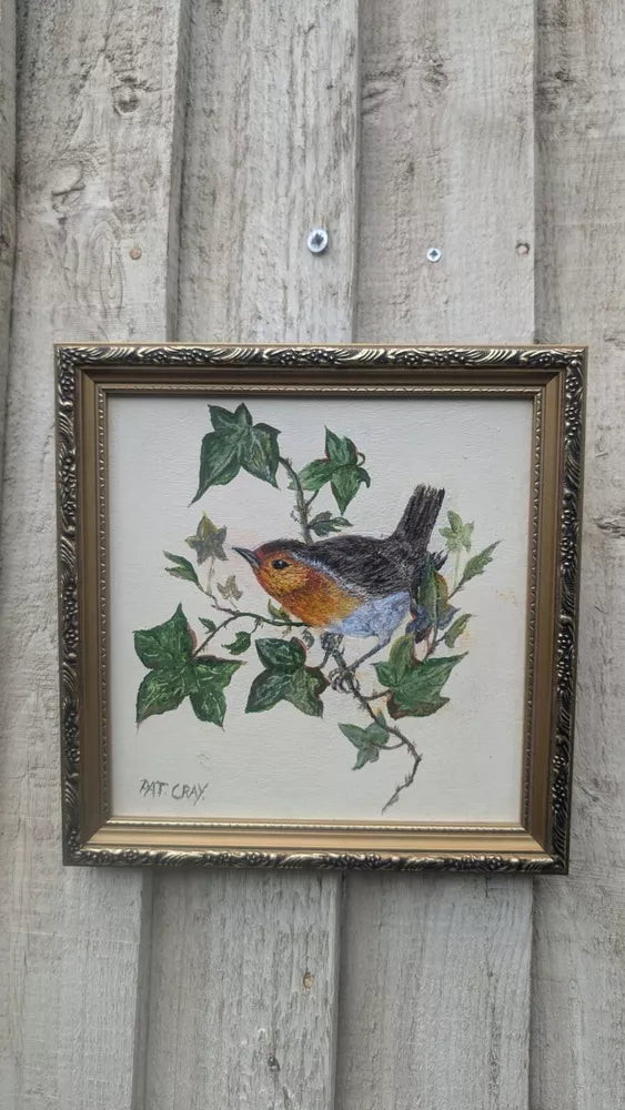 Delightful PAT CRAY Naive Oil Painting Robin On Ivy Gilt Frame Erithacus rubecus