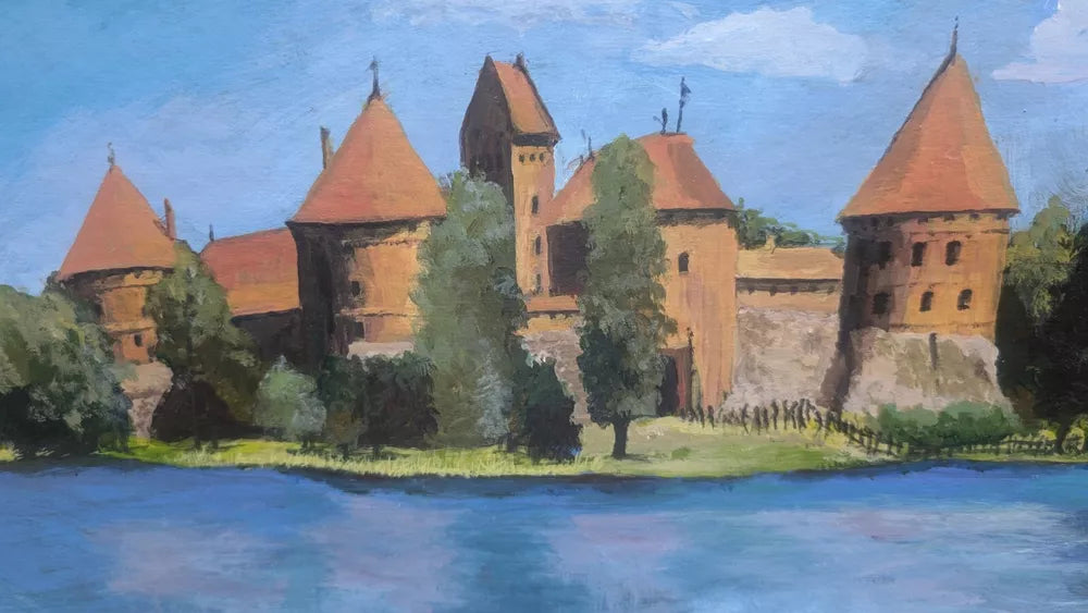 Trakai Castle in Lithuania Oil On Board Bright Colourful Painting Ready 4 Frame