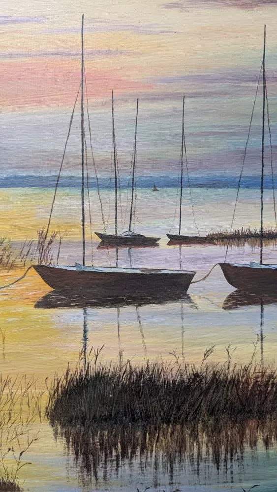 Boats At Sunset Wetlands Good Painting Oil On Board Framed Signed BL Clarke 1981