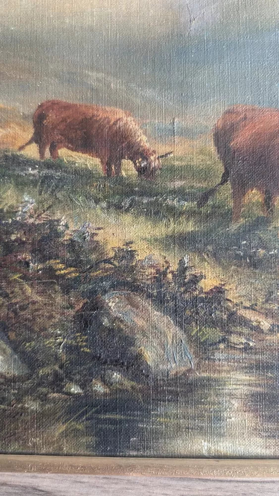 Wonderful Antique Oil On Canvas Grazing Highland Cattle Framed Ready To Hang