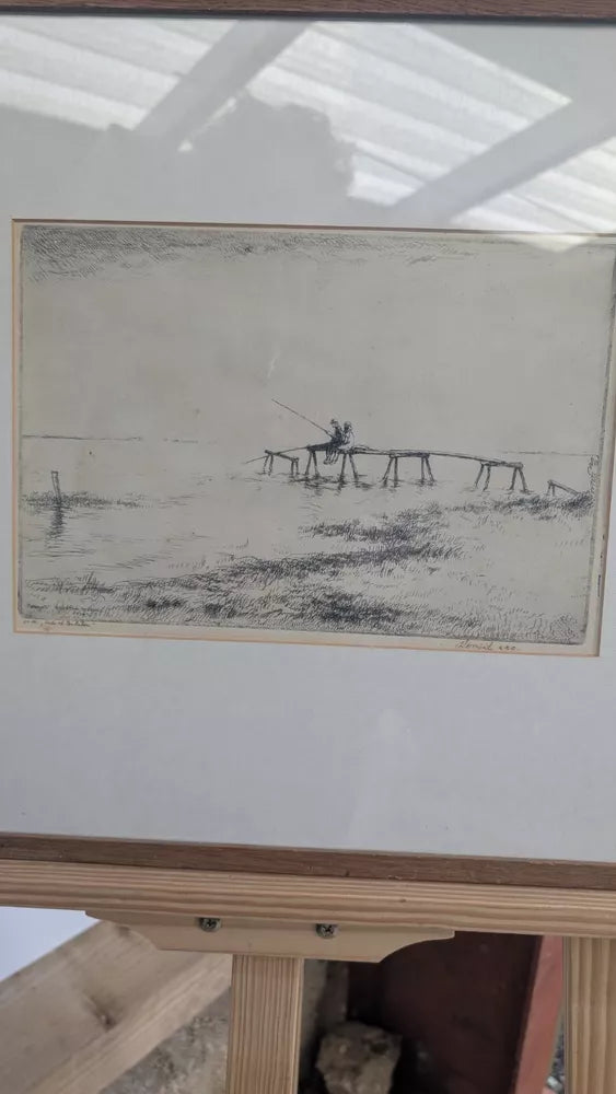 Superb Julius Komjati Signed Numbered Etching Fishing From Pier On Lake 1-12