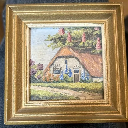 BEAUTIFUL VINTAGE MINIATURE COTTAGE LANDSCAPE OIL PAINTINGS GILT FRAMED SEE PICS