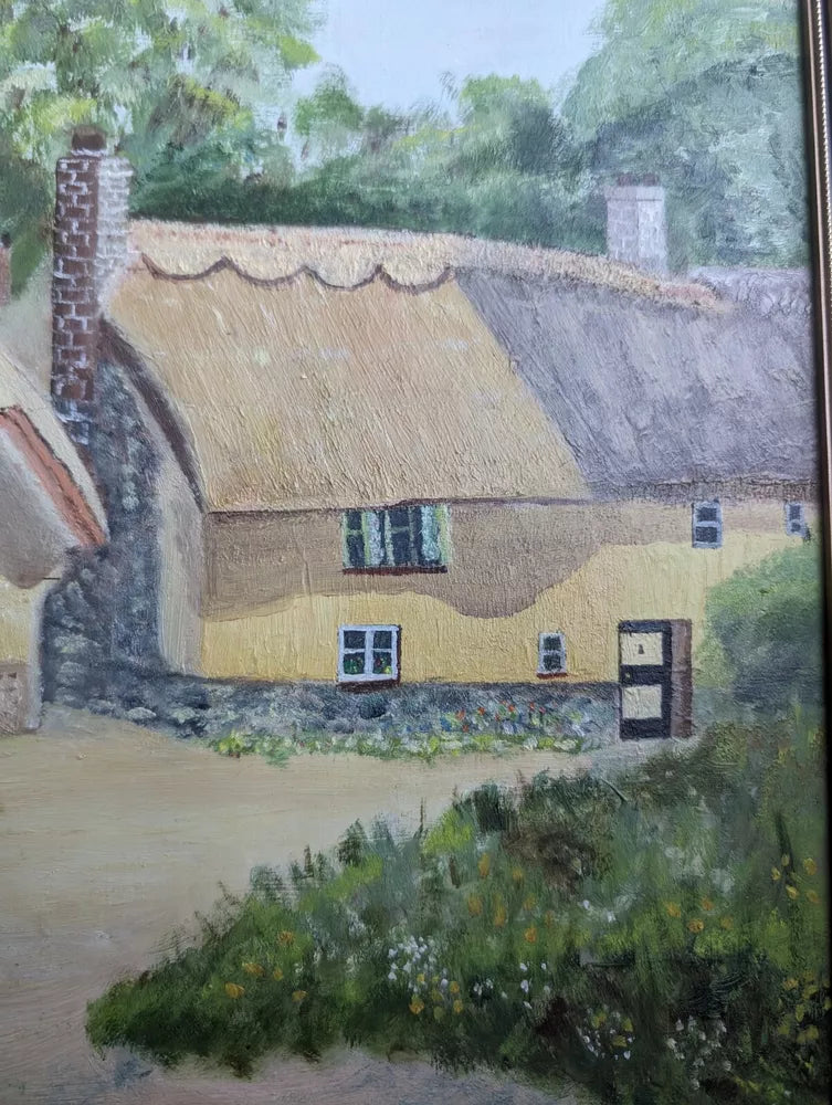 Naive Vintage English Thatched Cottage Village Scene Oil Painting Gilt Framed