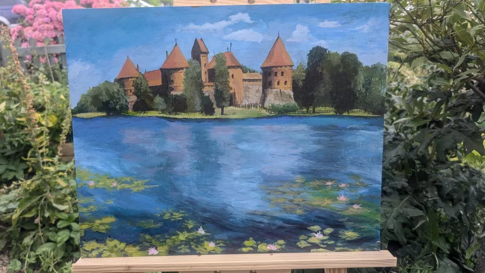 Trakai Castle in Lithuania Oil On Board Bright Colourful Painting Ready 4 Frame