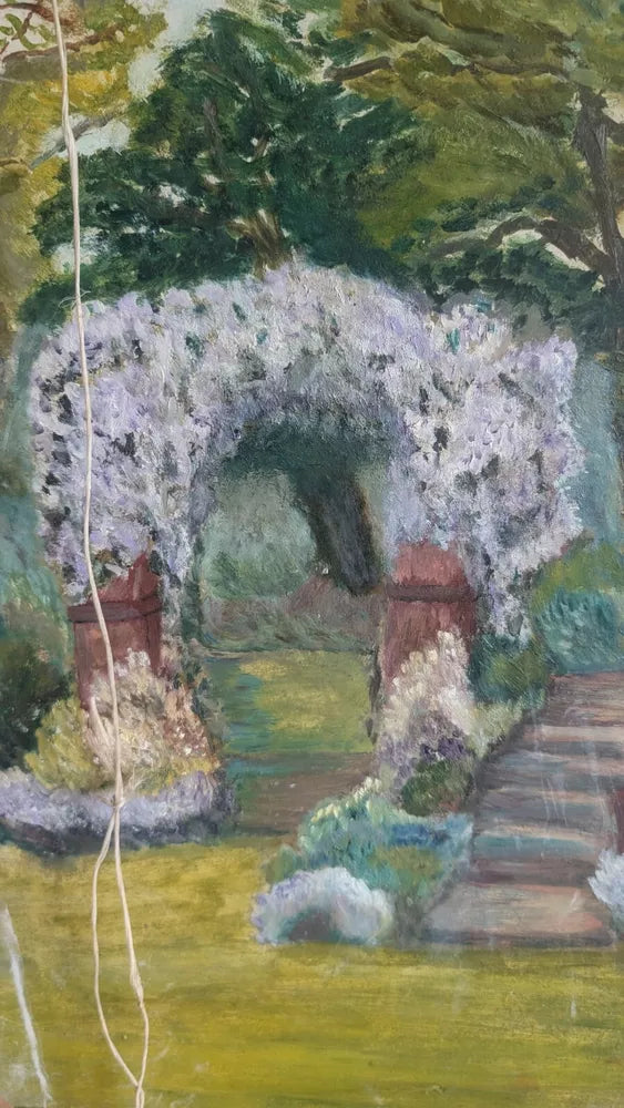 Colourful Naive Oil On Board English House Trees Painting Garden Archway Verso