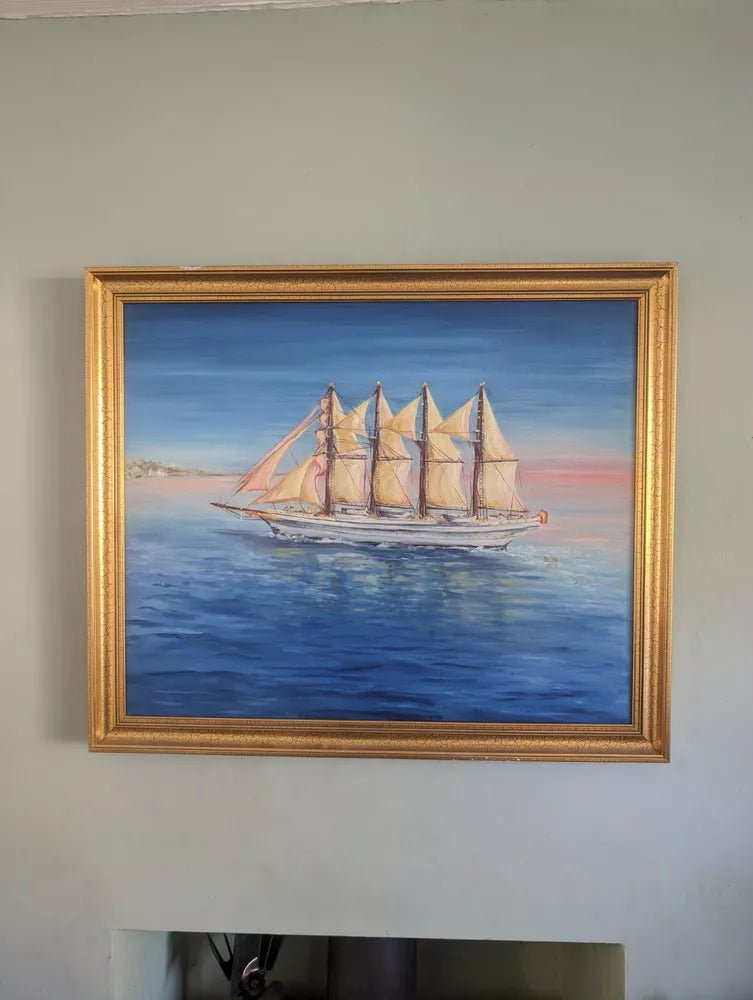 Superbly Colourful Sailing Ship oil painting On Canvas seascape Gilt Framed Big