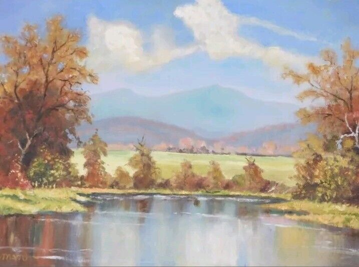 Colourful River Landscape By Bernard Original oil painting 38cm X 52cm Good