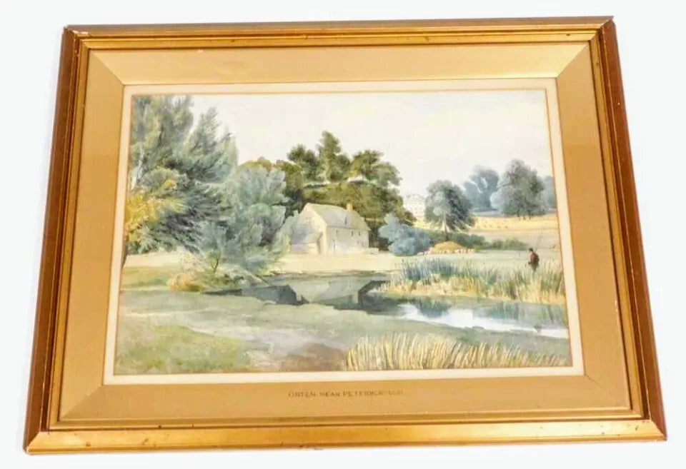 Fab 19thC Watercolour Orton near Peterborough, fishing lake with country house