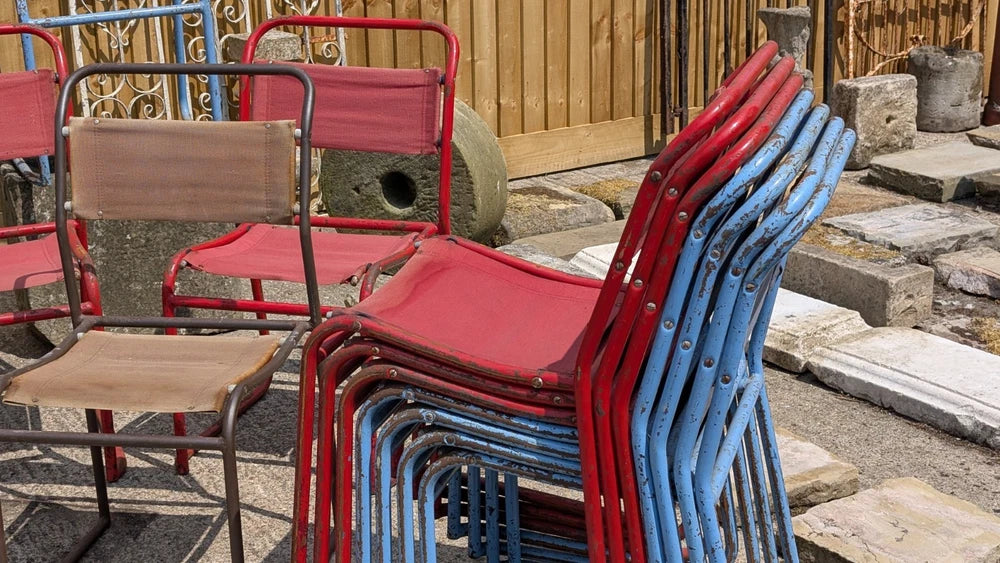 OLD SCHOOL Vintage  Stacking Chairs Tubular Steel With Frame Canvas Seat & Back