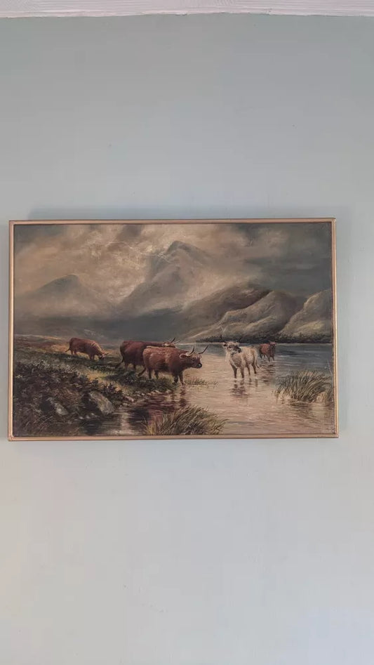 Wonderful Antique Oil On Canvas Grazing Highland Cattle Framed Ready To Hang