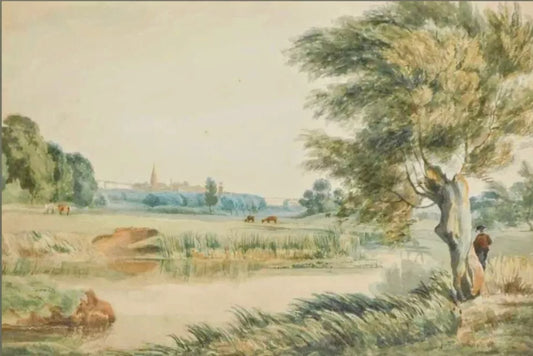 Good 19thC Watercolour Lake and cattle scene with Peterborough in the foreground