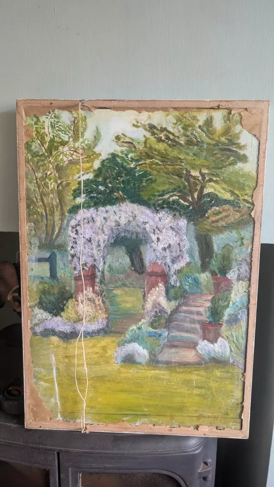 Colourful Naive Oil On Board English House Trees Painting Garden Archway Verso