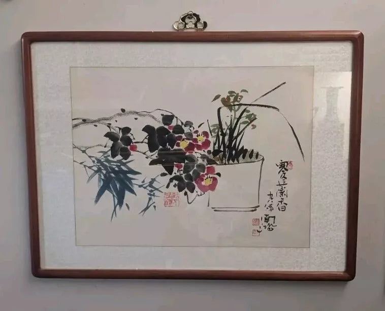 Beautiful Chinese Floral Watercolour Painting Signed Stamped Framed Vintage