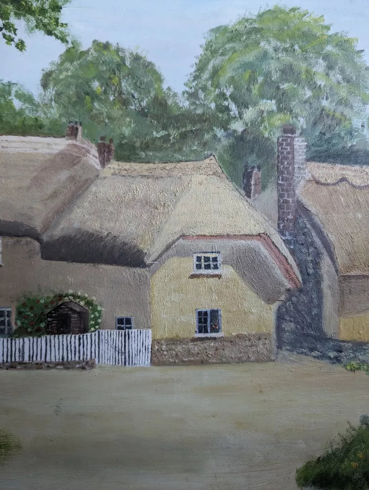 Naive Vintage English Thatched Cottage Village Scene Oil Painting Gilt Framed