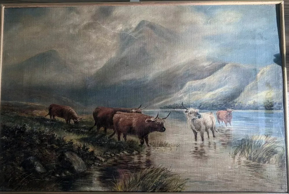 Wonderful Antique Oil On Canvas Grazing Highland Cattle Framed Ready To Hang