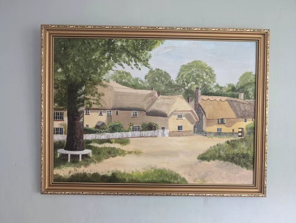 Naive Vintage English Thatched Cottage Village Scene Oil Painting Gilt Framed