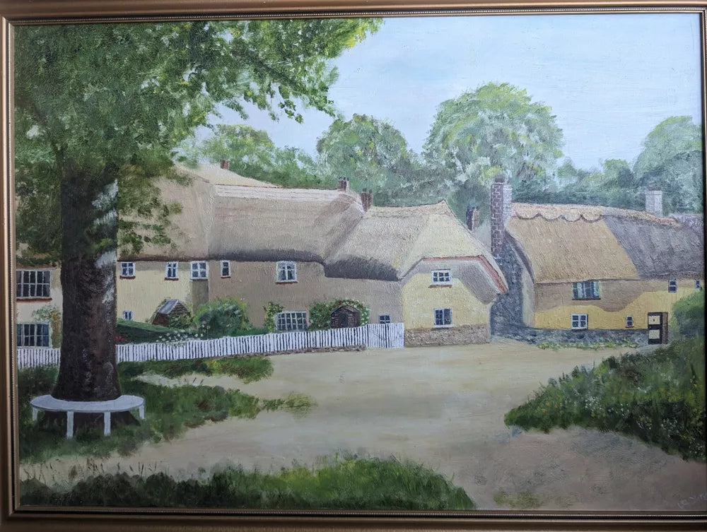 Naive Vintage English Thatched Cottage Village Scene Oil Painting Gilt Framed