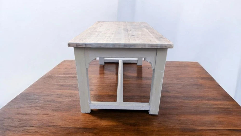 Large Vintage Farmhouse Kitchen Solid Pine table featuring drawer with brass pulls comfortably takes 8 seats