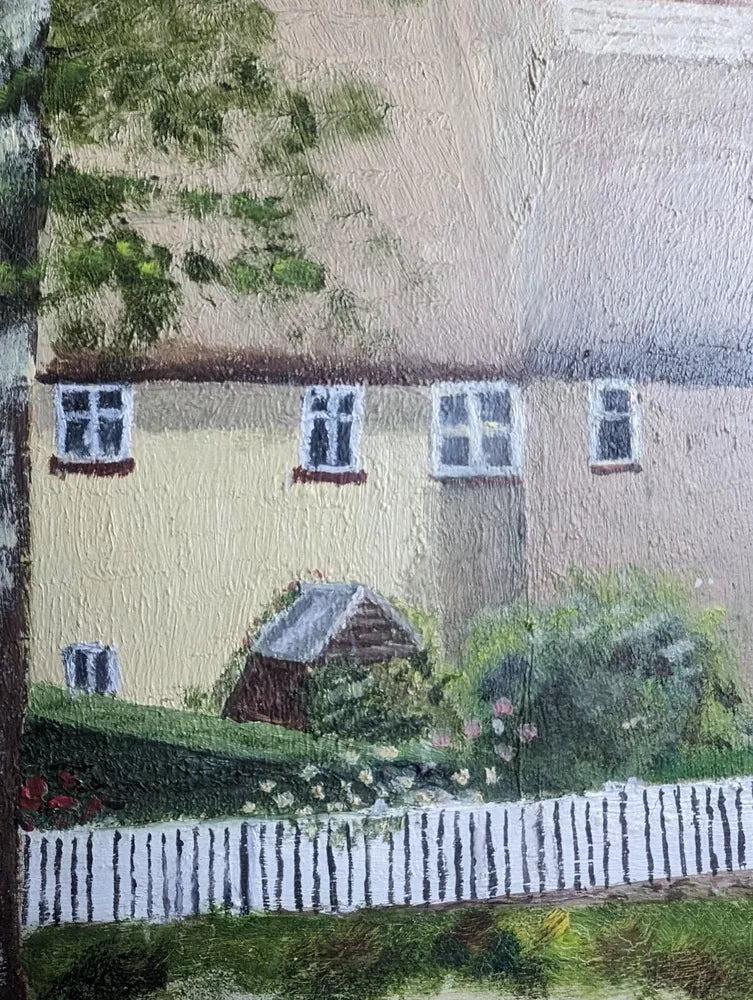 Naive Vintage English Thatched Cottage Village Scene Oil Painting Gilt Framed