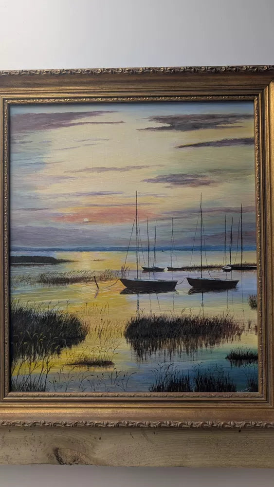 Boats At Sunset Wetlands Good Painting Oil On Board Framed Signed BL Clarke 1981