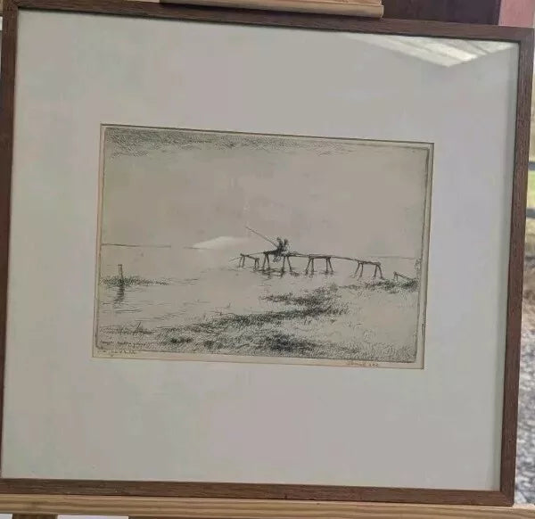 Superb Julius Komjati Signed Numbered Etching Fishing From Pier On Lake 1-12