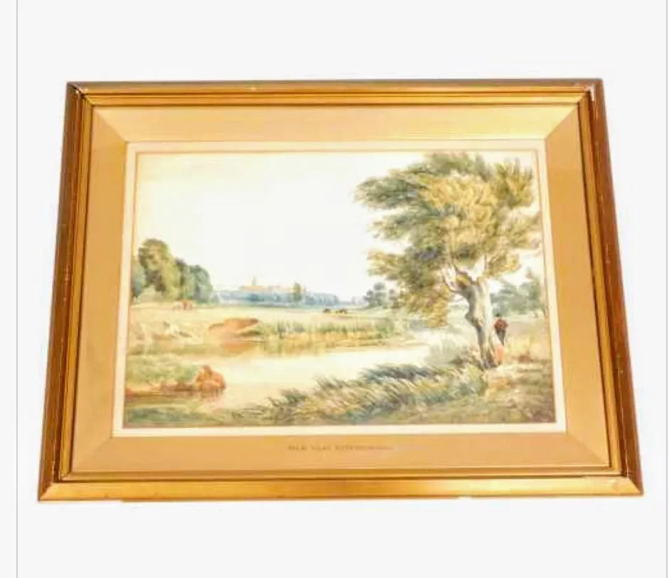 Good 19thC Watercolour Lake and cattle scene with Peterborough in the foreground