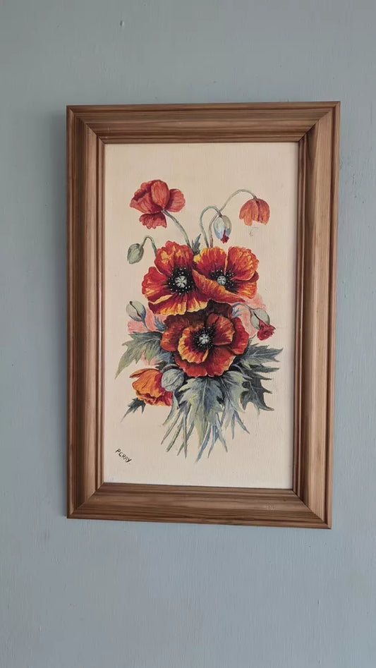 FANTASTIC NAIVE POPPIES COLOURFUL ORIGINAL OIL PAINTING 17.5" x 11.5" by P CRAY