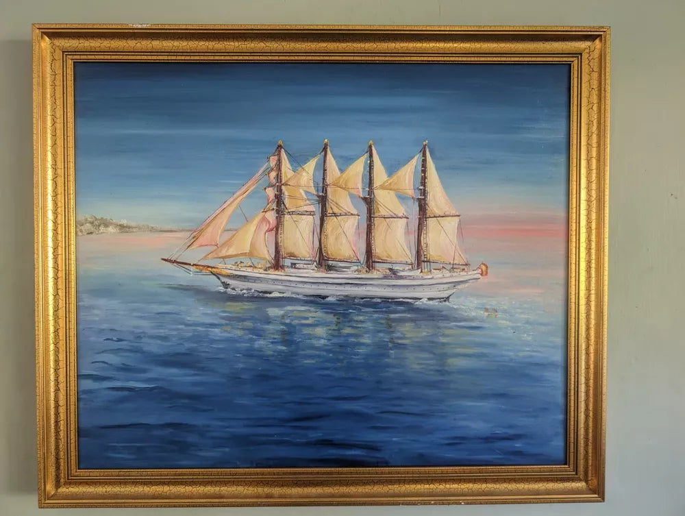 Superbly Colourful Sailing Ship oil painting On Canvas seascape Gilt Framed Big