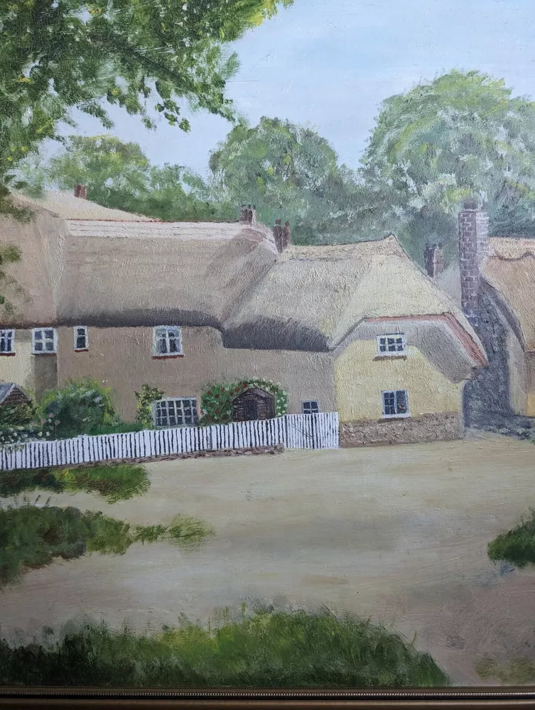 Naive Vintage English Thatched Cottage Village Scene Oil Painting Gilt Framed