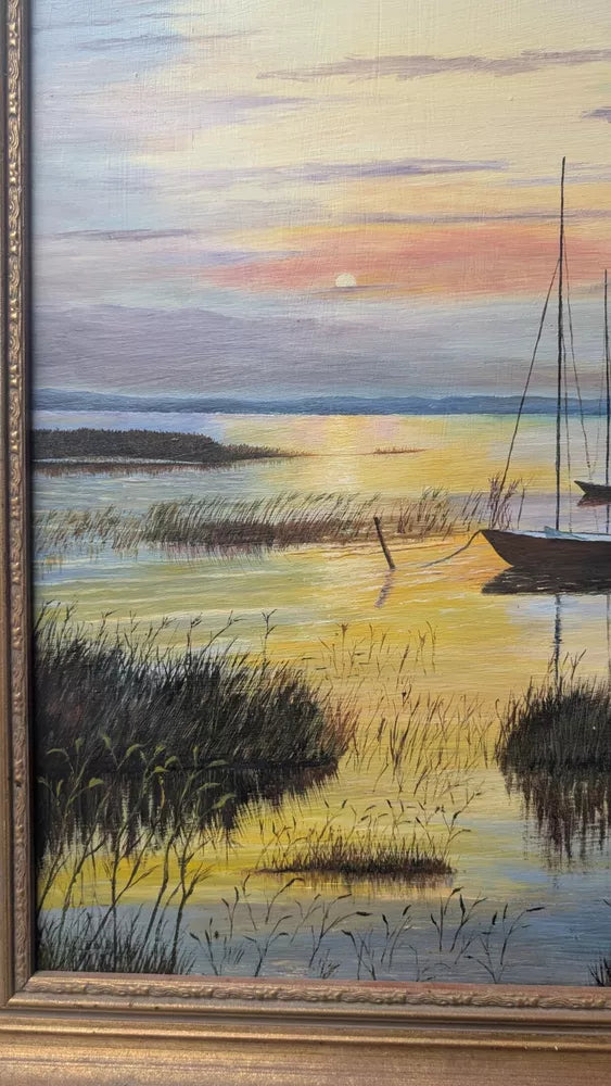 Boats At Sunset Wetlands Good Painting Oil On Board Framed Signed BL Clarke 1981