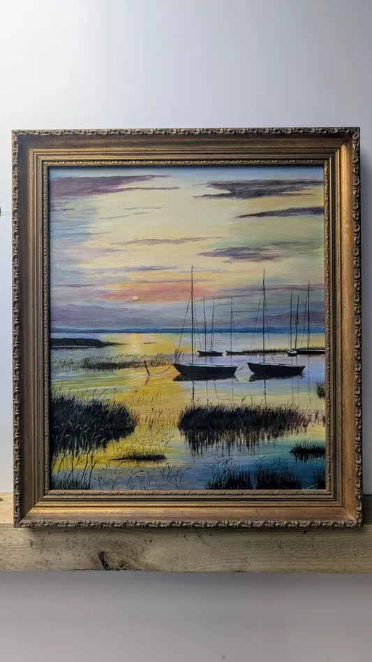 Boats At Sunset Wetlands Good Painting Oil On Board Framed Signed BL Clarke 1981