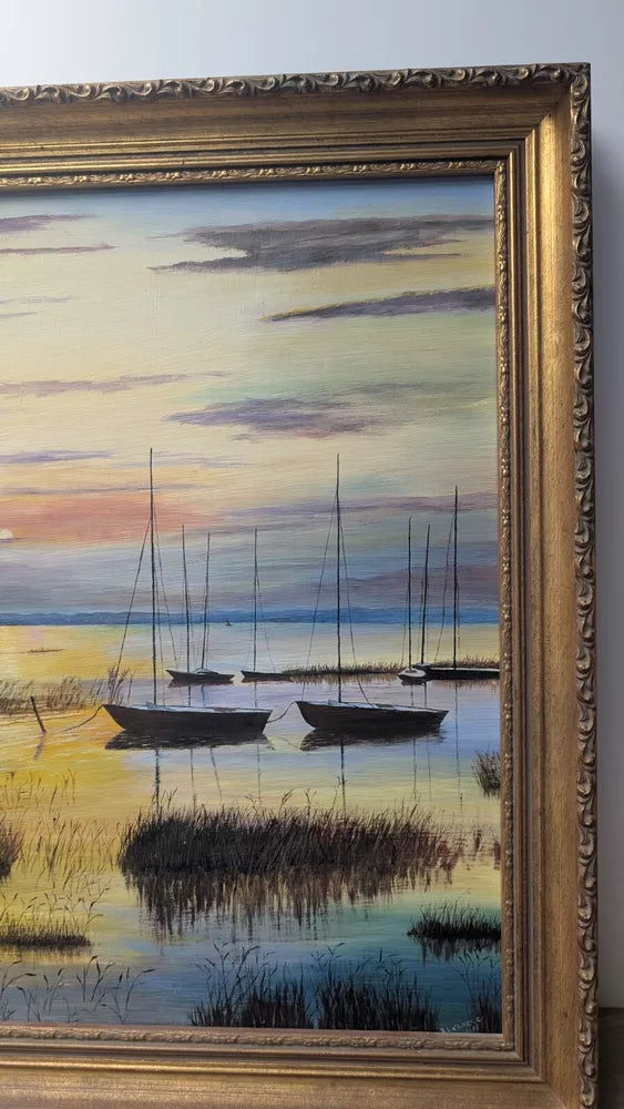 Boats At Sunset Wetlands Good Painting Oil On Board Framed Signed BL Clarke 1981