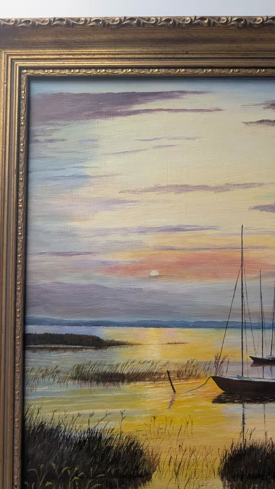 Boats At Sunset Wetlands Good Painting Oil On Board Framed Signed BL Clarke 1981