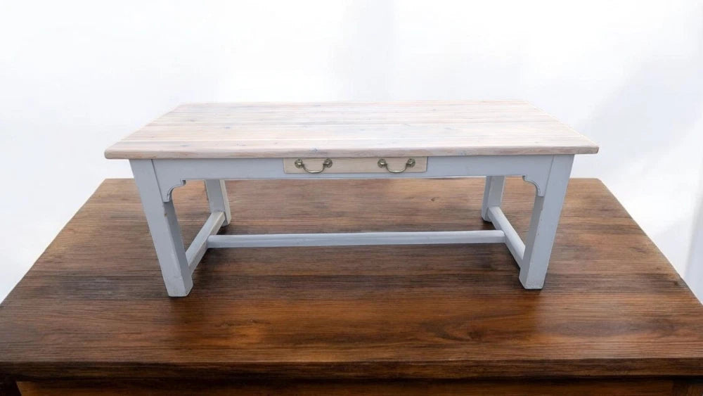 Large Vintage Farmhouse Kitchen Solid Pine table featuring drawer with brass pulls comfortably takes 8 seats