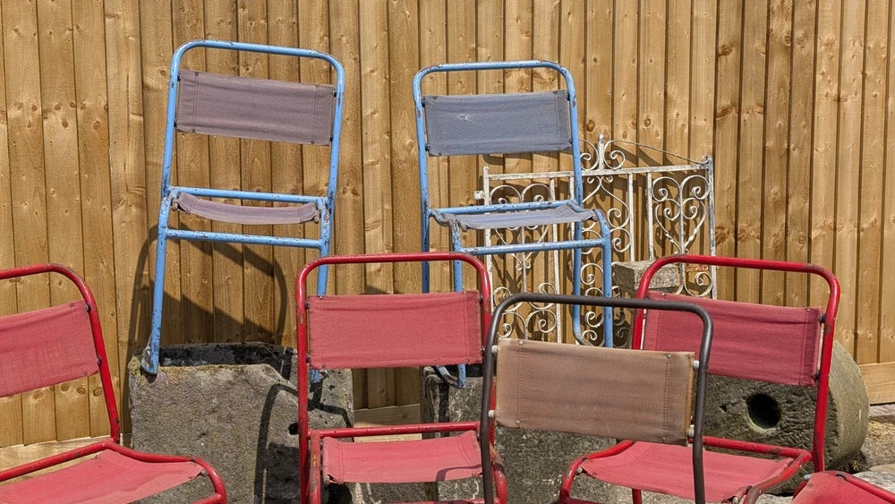 OLD SCHOOL Vintage  Stacking Chairs Tubular Steel With Frame Canvas Seat & Back
