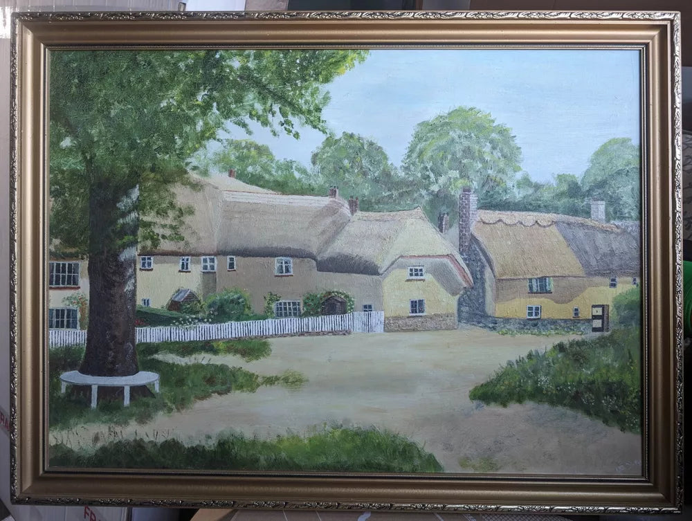 Naive Vintage English Thatched Cottage Village Scene Oil Painting Gilt Framed