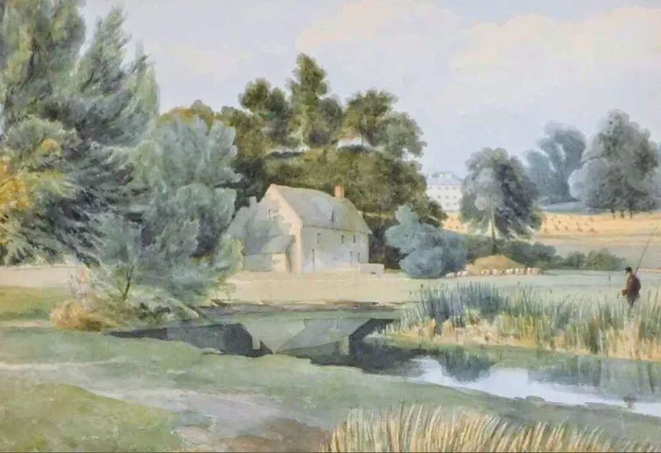 Fab 19thC Watercolour Orton near Peterborough, fishing lake with country house